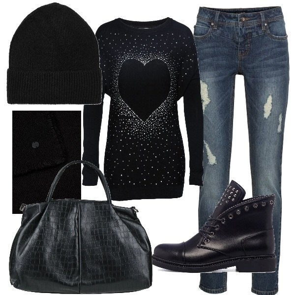Outfit donna - Rock quotidiano. Stile Rock per Tutti i giorni. Abbinamento con pullovers, jeans strappati, borse a mano, cappelli con visiera, anfibi, sciarpe.