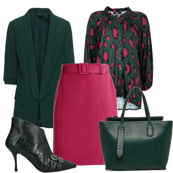 Outfit donna - Glam in verde e e lampone. Stile Glamour per Ufficio. Abbinamento con blazer, stivaletti, gonne lunghe, camicie, borse a spalla.