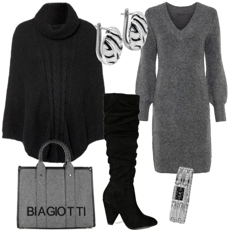 Outfit donna - Commissioni in centro. Stile Glamour per Tutti i giorni. Abbinamento con vestiti, cappotti, stivali, borse a mano, orologi, orecchini.