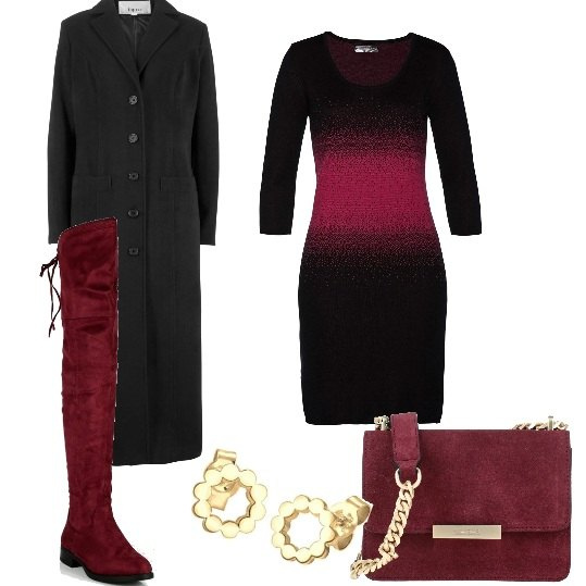 Outfit donna - Vestito nero e stivali rossi. Stile Casual per Tutti i giorni. Abbinamento con cappotti, vestiti, borse a tracolla, stivali, orecchini.