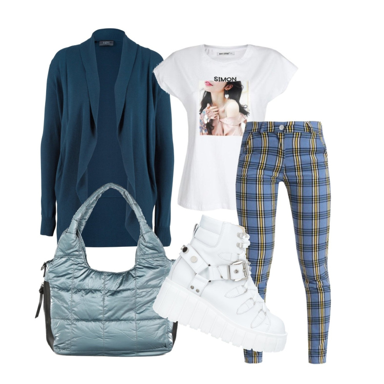 Outfit donna - Scarpe esagerate. Stile Trendy per Tutti i giorni. Abbinamento con cardigans, stivaletti, pantaloni, borse a spalla, t-shirt.