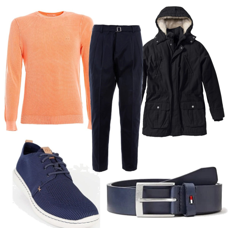 Outfit uomo - Il maglione color pesca. Stile Trendy per Tutti i giorni. Abbinamento con parka, sneakers, maglieria, pantaloni, cinture.