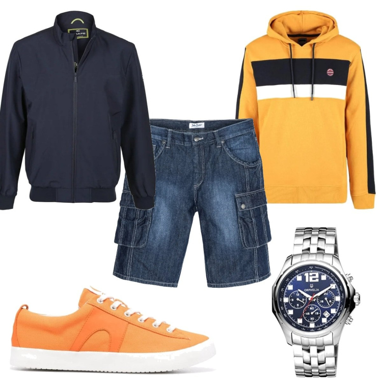 Outfit uomo - Mezza stagione trendy. Stile Trendy per Tutti i giorni. Abbinamento con bermuda, felpe con cappuccio, giacche, sneakers, orologi.