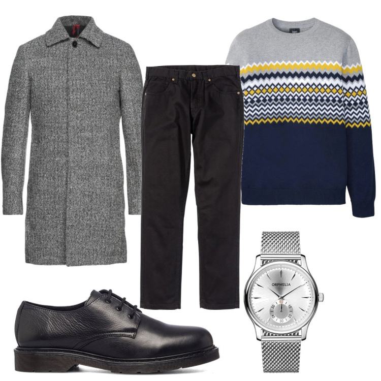 Outfit uomo - Il maglione per dicembre. Stile Trendy per Tutti i giorni. Abbinamento con pantaloni, maglieria, cappotti, scarpe stringate, orologi.