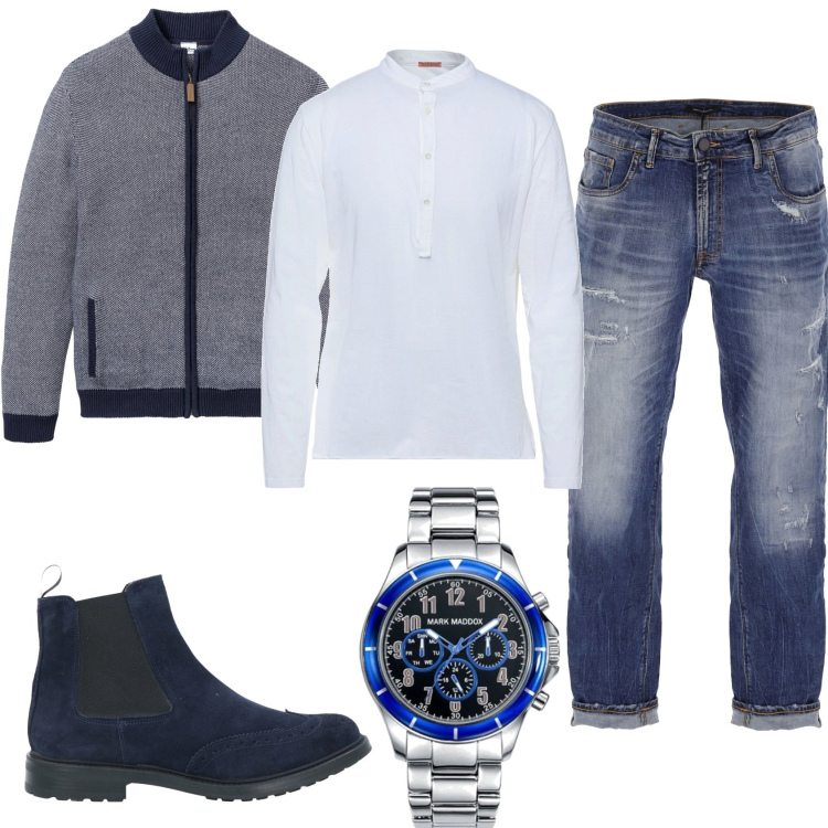 Outfit uomo - Cardigan e jeans in città. Stile Casual per Tutti i giorni. Abbinamento con cardigans, t-shirt, stivali e stivaletti, jeans strappati, orologi.