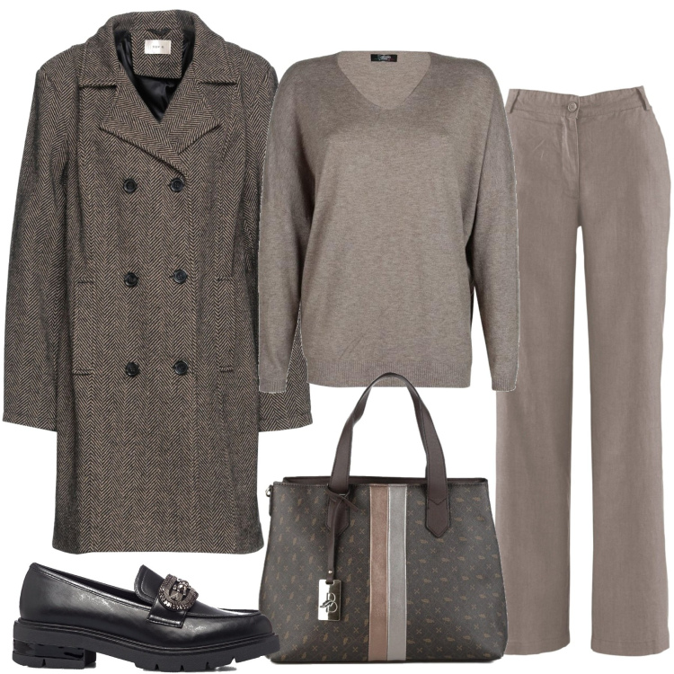 Outfit donna - Toni neutri. Stile Minimal per Tutti i giorni. Abbinamento con pantaloni, cappotti, borse a mano, pullovers, mocassini.