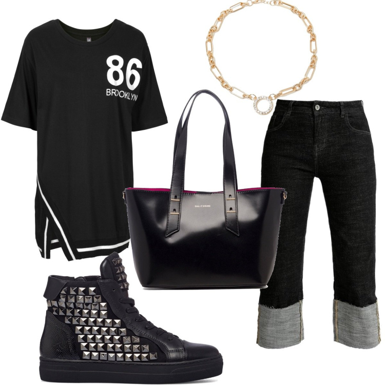 Outfit donna - Total look #1470923. Stile Urban per Tutti i giorni. Abbinamento con maglieria, jeans, collane, borse a tracolla, sneakers alte.