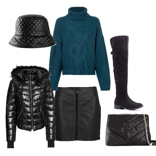 Outfit donna - Pioggia non ti temo. Stile Urban per Tutti i giorni. Abbinamento con cappelli con visiera, maglieria, minigonne, cappotti, stivali sopra il ginocchio, borse a mano.