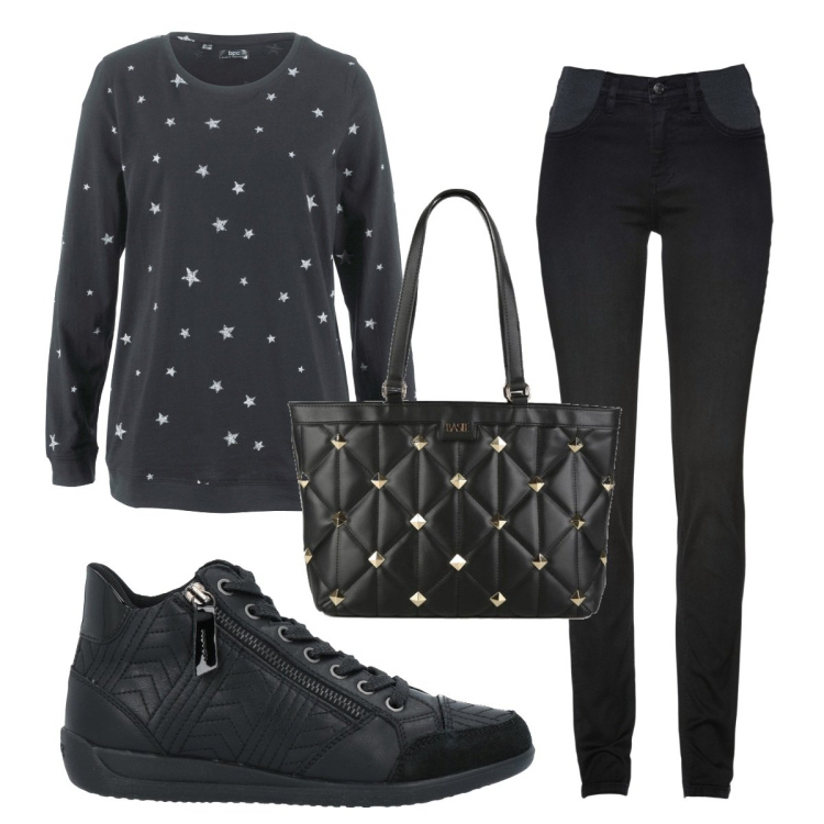 Outfit donna - Total look #1471020. Stile Basic per Tutti i giorni. Abbinamento con maglieria, jeans skinny, sneakers, borse a spalla.