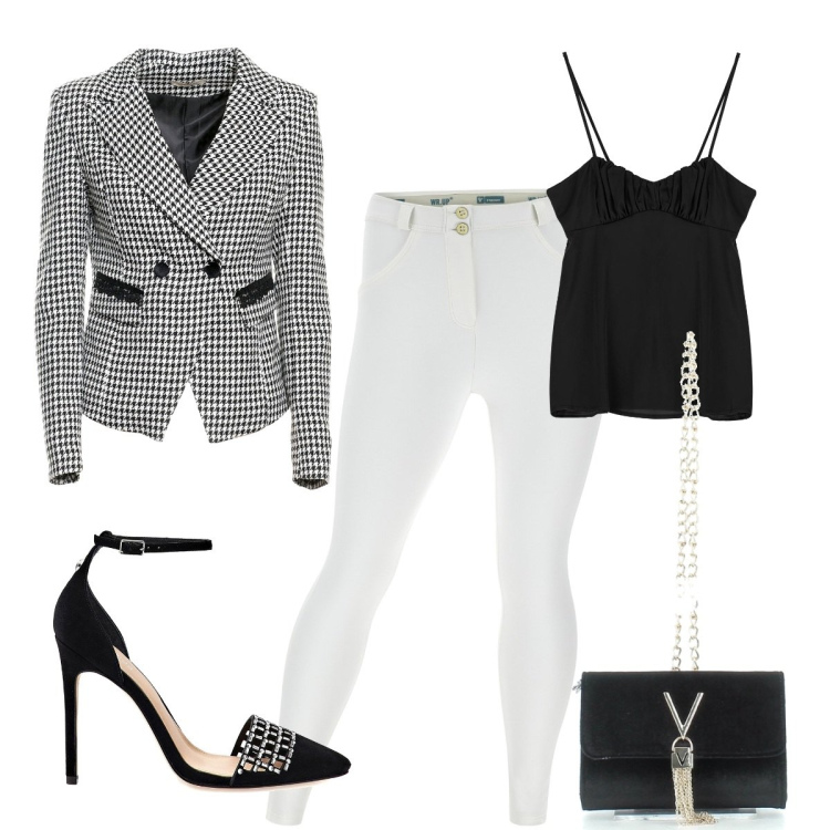 Outfit donna - Il Blazer a quadretti. Stile Chic per Tutti i giorni. Abbinamento con décolleté, pantaloni skinny, blazer, top, clutch.