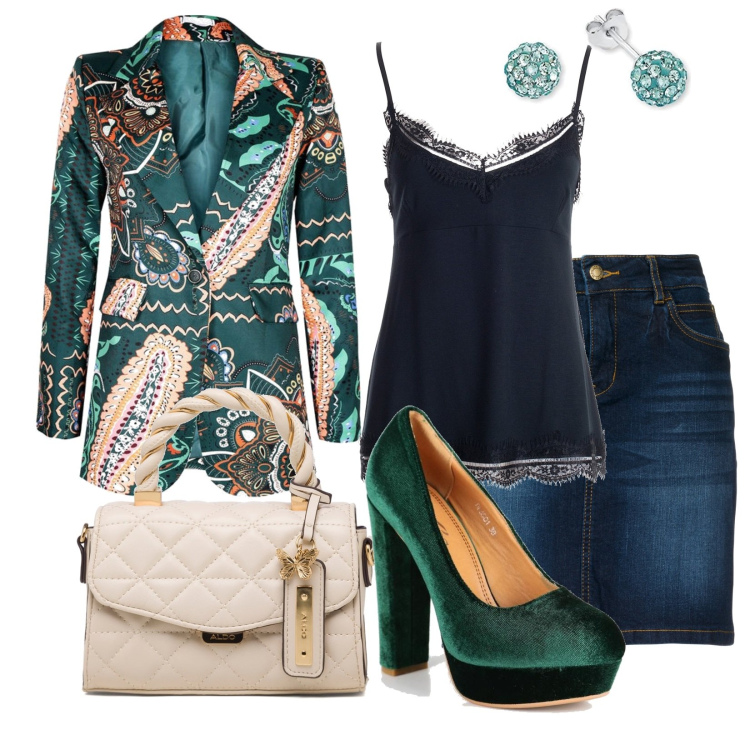 Outfit donna - Grenn. Stile Casual chic Abbinamento con gonne, blazer, décolleté, culotte, borse a mano, orecchini.
