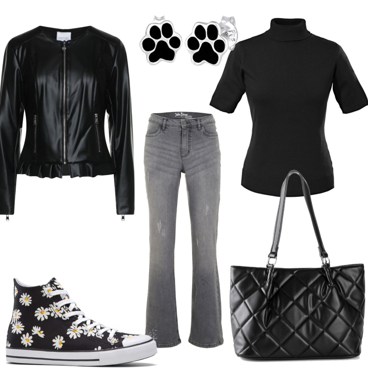 Outfit donna - Jeans nero con collo alto nero. Stile Trendy per Tutti i giorni. Abbinamento con giacche, maglieria, jeans bootcut, sneakers alte, borse a mano, orecchini.