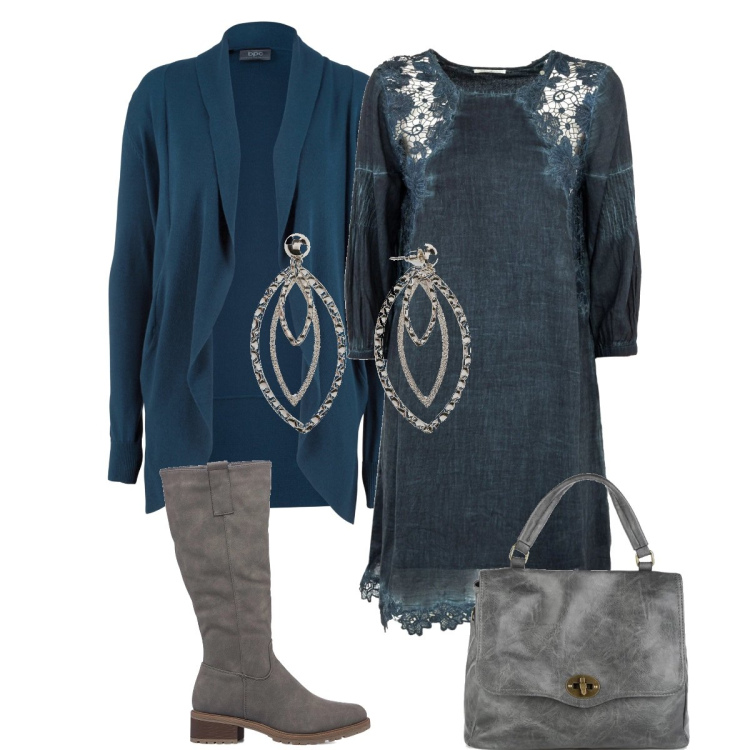 Outfit donna - Azzurro da giorno. Stile Boho per Tutti i giorni. Abbinamento con cardigans, pantaloni a palazzo, borse a mano, vestiti corti, stivali sopra il ginocchio.