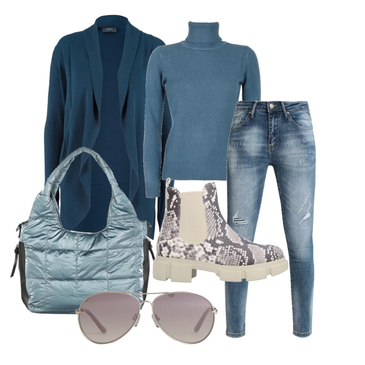 Outfit donna - Tone sur tone. Stile Basic per Tutti i giorni. Abbinamento con cardigans, occhiali da sole, stivaletti, maglieria, jeans strappati, borse a spalla.