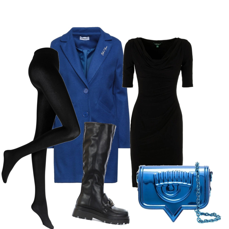 Outfit donna - Il cappotto elettrizzante. Stile Glamour per Tutti i giorni. Abbinamento con collant, cappotti, stivali, borse a tracolla, vestiti corti.