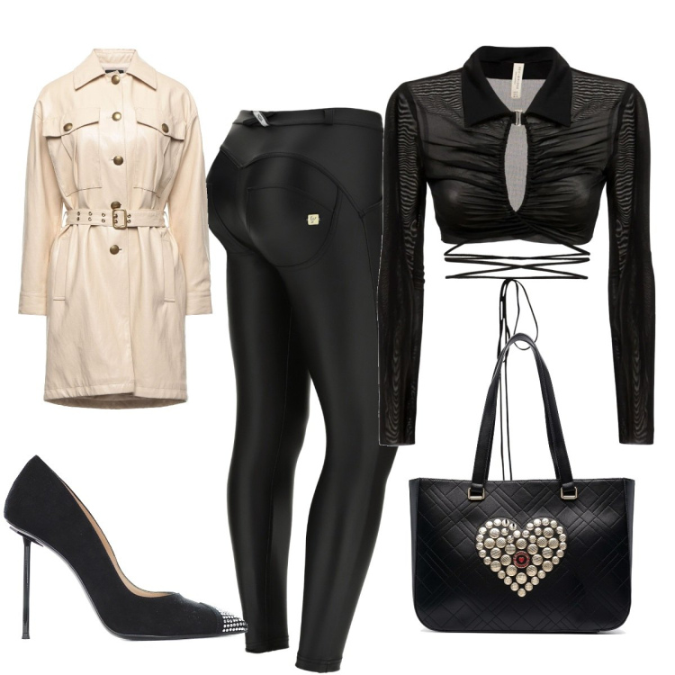 Outfit donna - Completo black. Stile Chic per Serata fuori. Abbinamento con cappotti, décolleté, borse tote, pantaloni skinny, top.