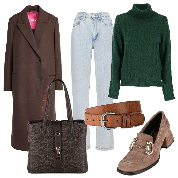 Outfit donna - Total look #1471438. Stile Vintage retrò per Tutti i giorni. Abbinamento con cinture, cappotti, borse a spalla, mocassini, maglieria, jeans mom.
