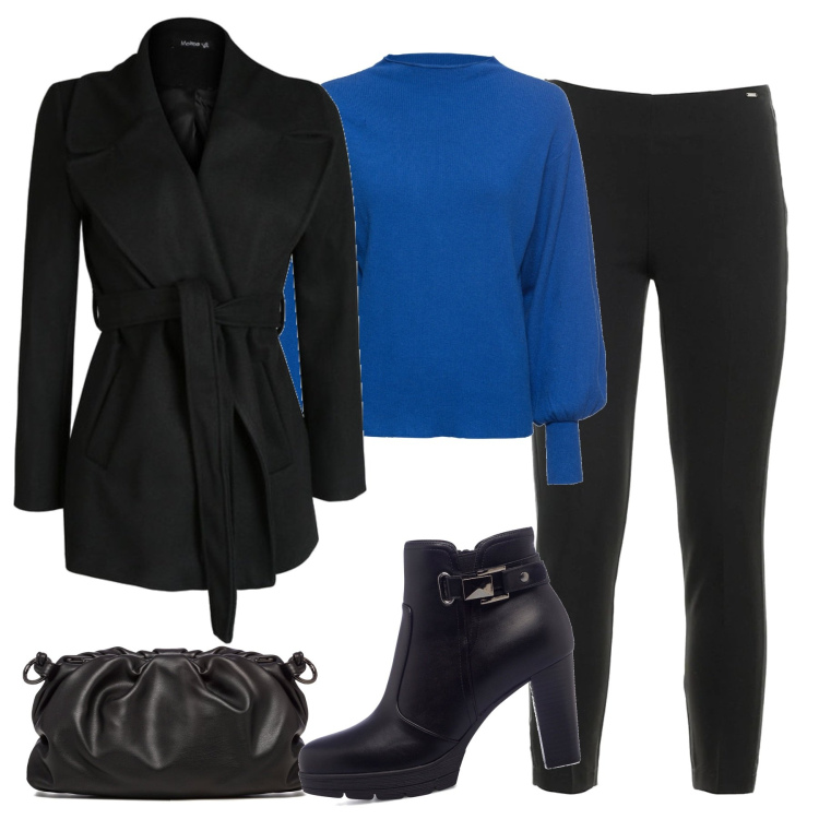 Outfit donna - Il pull blu. Stile Casual chic per Tutti i giorni. Abbinamento con maglieria, cappotti, pantaloni, stivaletti, borse a tracolla.