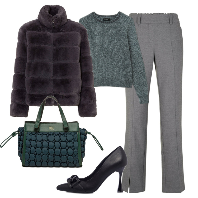 Outfit donna - Grigio e verde. Stile Casual chic per Tutti i giorni. Abbinamento con ecopellicce, pantaloni, maglieria, borse a secchiello, décolleté.