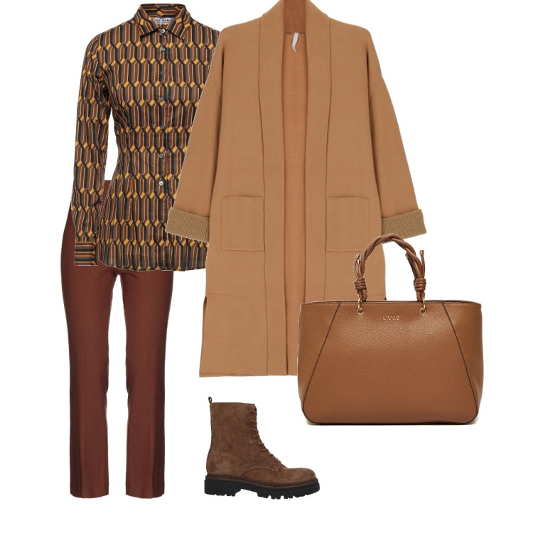 Outfit donna - Per un autunno. Stile Casual chic per Tutti i giorni. Abbinamento con camicie, stivaletti, pantaloni, shopping bag, cardigans.