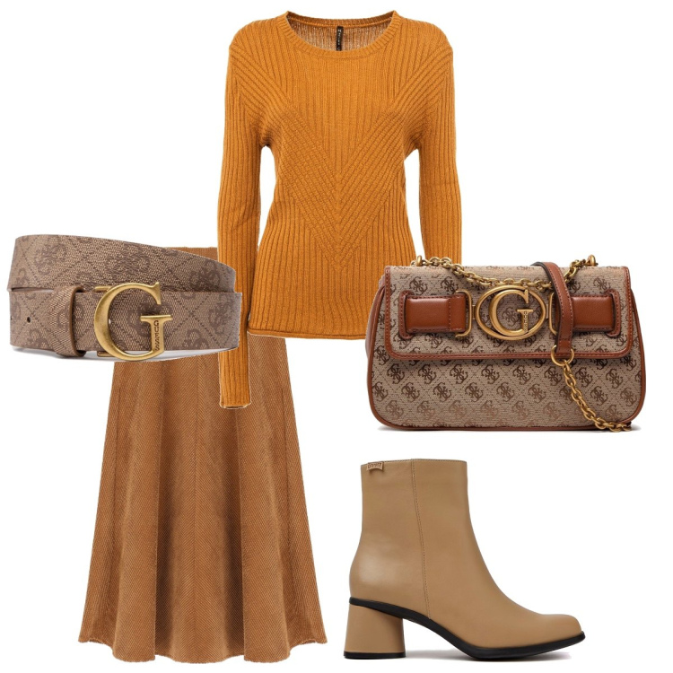 Outfit donna - Autunno con la gonna. Stile Casual chic per Tutti i giorni. Abbinamento con stivaletti, cinture, borse a tracolla, maglieria, gonne longuette.