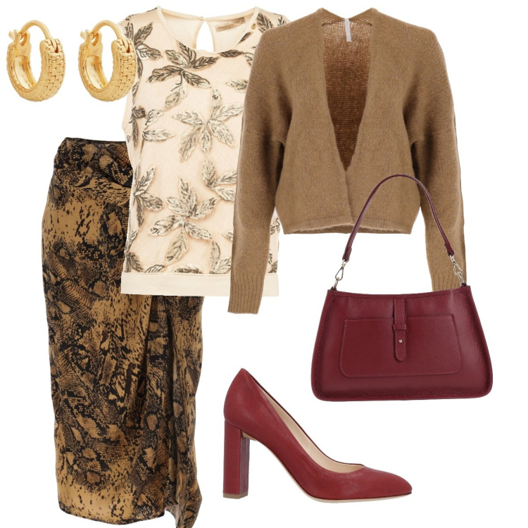Outfit donna - Per una serata d’autunno. Stile Casual chic per Serata fuori. Abbinamento con borse a mano, décolleté, bluse, gonne longuette, cardigans, orecchini.