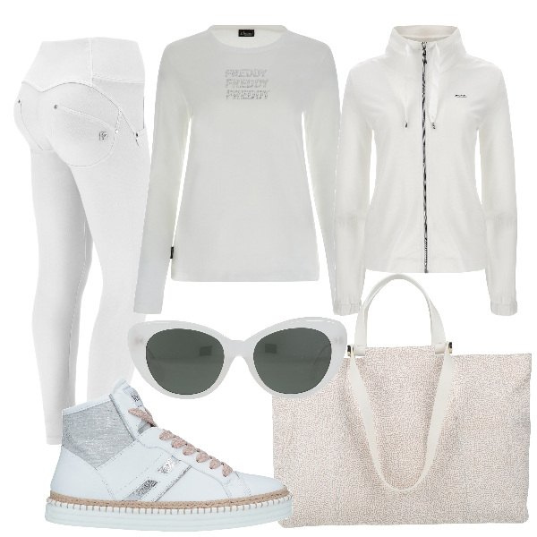 Outfit donna - Total look #1471543. Stile Sporty chic per Tutti i giorni. Abbinamento con sneakers, borse a mano, occhiali da sole, pantaloni skinny, felpe, t-shirt.