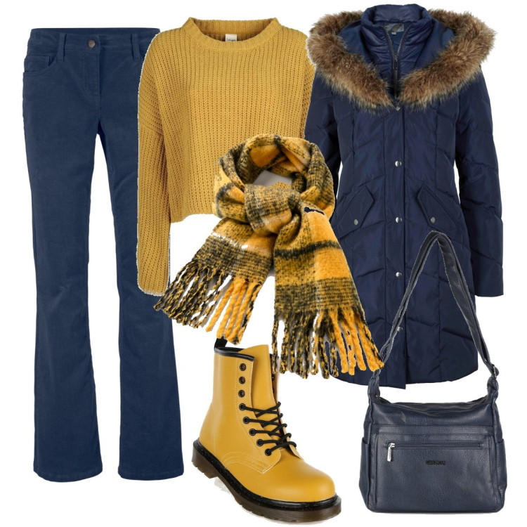 Outfit donna - Un raggio di sole. Stile Basic per Tutti i giorni. Abbinamento con pantaloni, piumini, sciarpe, anfibi, maglieria, borse a tracolla.