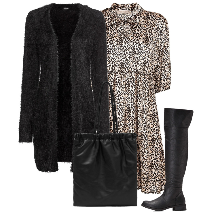 Outfit donna - Il vestito Animalier. Stile Casual chic per Serata fuori. Abbinamento con cardigans, stivali sopra il ginocchio, vestiti corti, shopping bag.