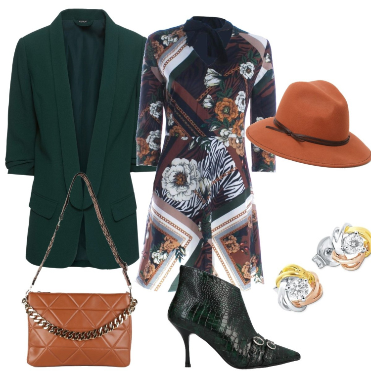 Outfit donna - In città. Stile Chic per Tutti i giorni. Abbinamento con blazer, stivaletti, pochette, vestiti corti, cappelli, orecchini.