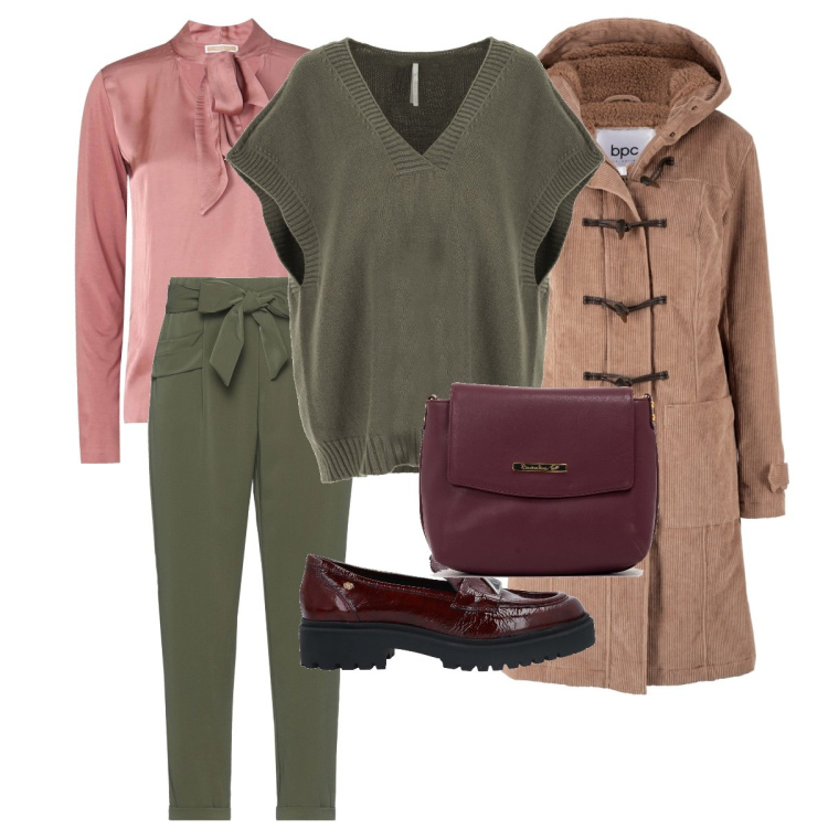 Outfit donna - Autunno con colore. Stile Casual chic per Tutti i giorni. Abbinamento con montgomery, pantaloni, mocassini, borse a tracolla, pullovers, bluse.