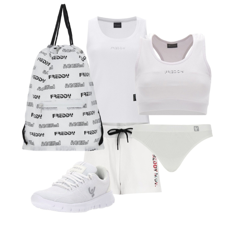 Outfit donna - Total white. Stile Sporty chic per Sport. look ideale per Petite. Abbinamento con perizomi, sneakers, canottiere, reggiseni, shorts, zaini.