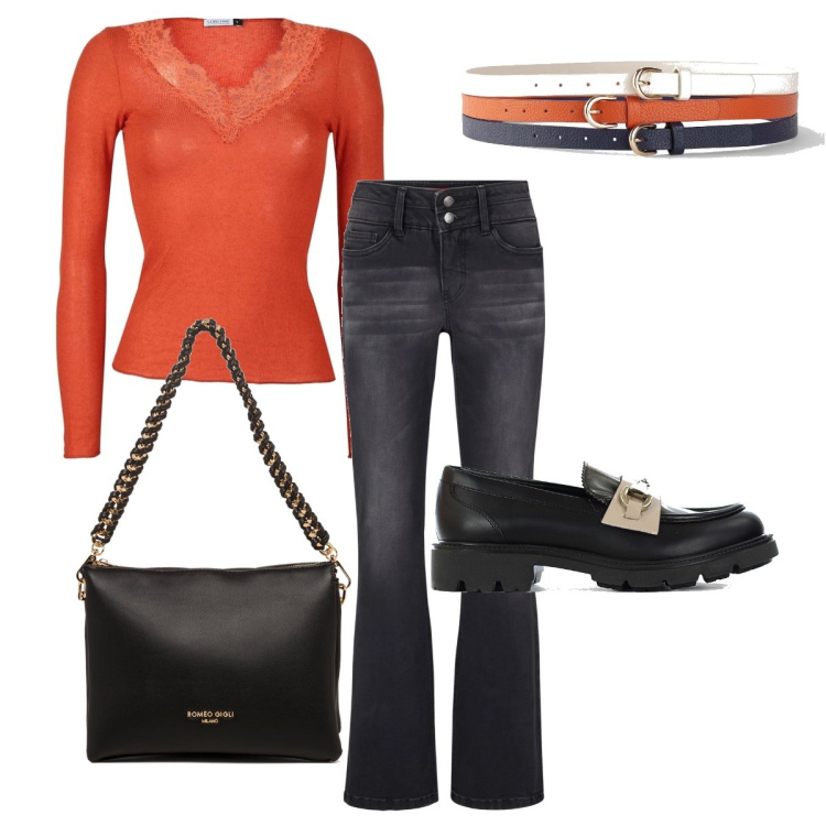Outfit donna - La maglia con il pizzo. Stile Casual chic per Ufficio. Abbinamento con cinture, jeans bootcut, t-shirt, mocassini, borse a tracolla.