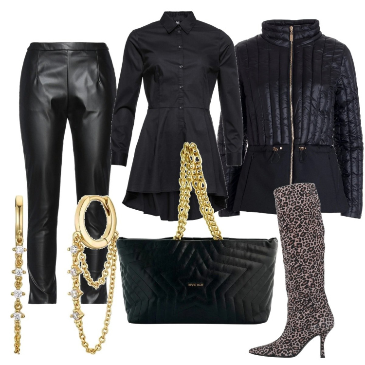 Outfit donna - Total look #1472041. Stile Sexy per Serata fuori. Abbinamento con camicie, pantaloni, stivali, borse tote, piumini, orecchini.