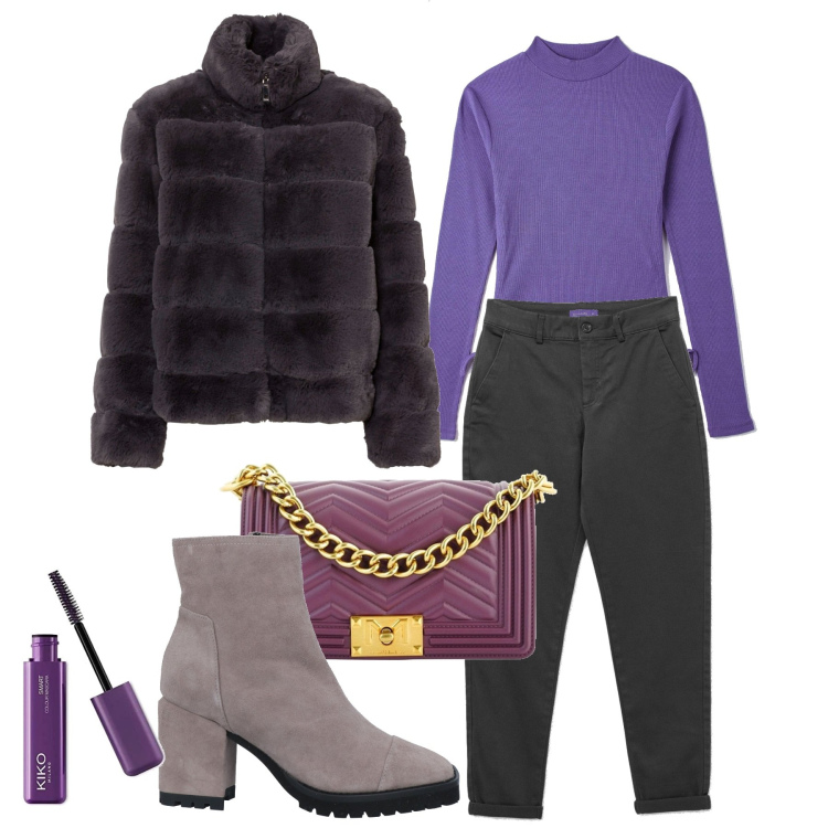 Outfit donna - Pomeriggio viola. Stile Casual chic per Tutti i giorni. Abbinamento con ecopellicce, stivaletti, t-shirt, borse a tracolla, pantaloni, mascara.