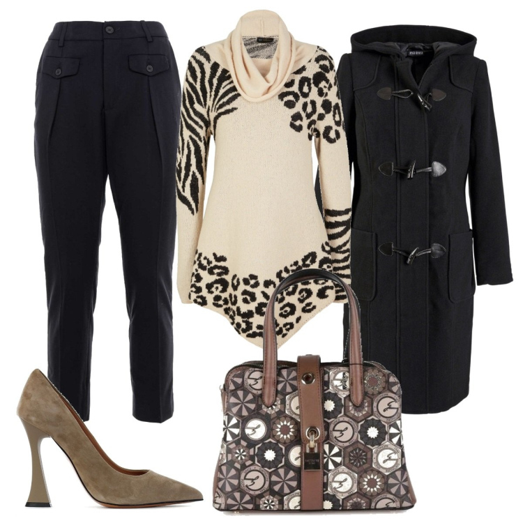 Outfit donna - Il tacco alto - curvy. Stile Casual chic per Ufficio. Abbinamento con montgomery, maglieria, borse a mano, décolleté, pantaloni chino.