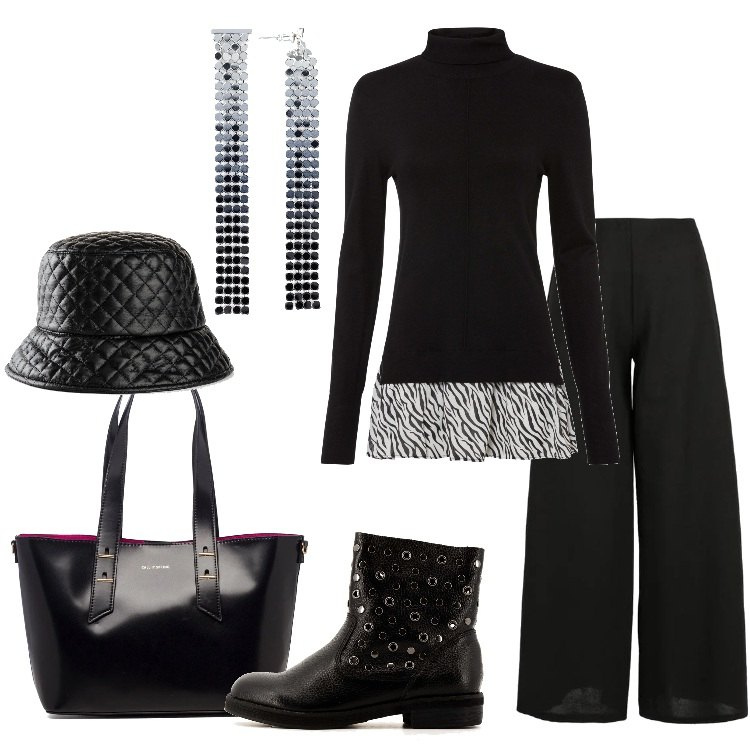 Outfit donna - Comoda con stile. Stile Trendy per Tutti i giorni. Abbinamento con cappelli con visiera, maglieria, orecchini, pantaloni a palazzo, stivaletti, borse a tracolla.