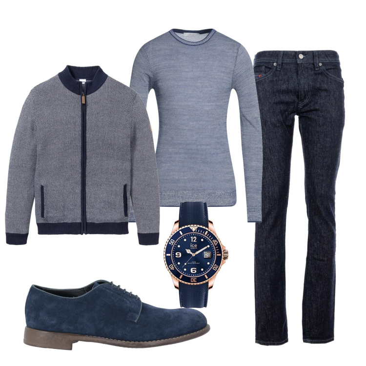 Outfit uomo - Doppio melange blu. Stile Trendy per Tutti i giorni. Abbinamento con cardigans, scarpe stringate, pullovers, jeans, orologi.