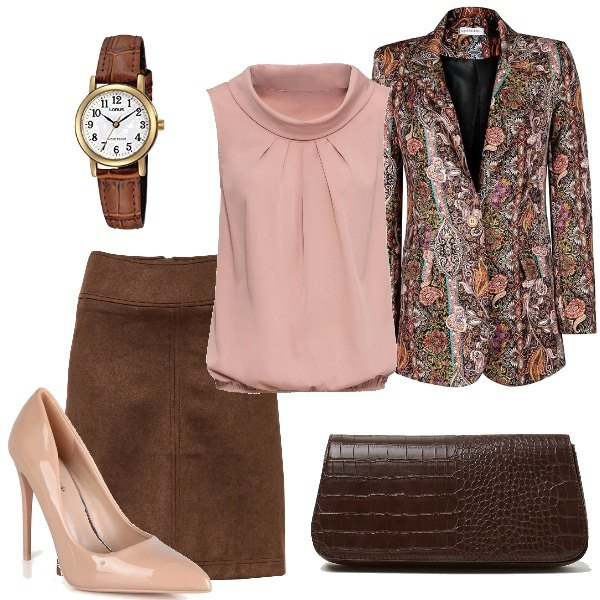 Outfit donna - Chic e glamour low cost. Stile Casual chic per Ufficio. Abbinamento con top, gonne, blazer, décolleté, borse a spalla, orologi analogici.