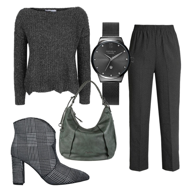 Outfit donna - Total look #1472551. Stile Trendy per Tutti i giorni. Abbinamento con stivaletti, maglieria, pantaloni, borse a spalla, orologi analogici.