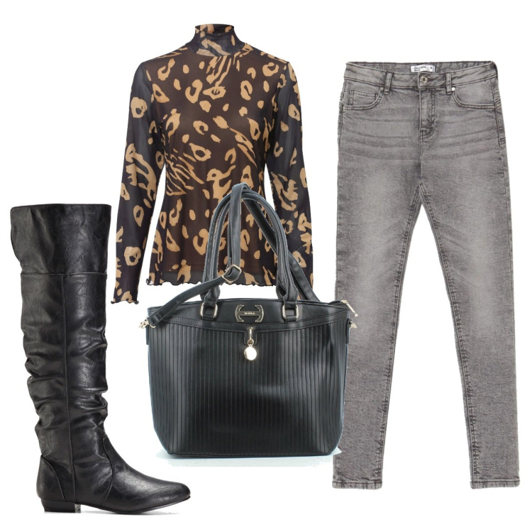 Outfit donna - Total look #1472562. Stile Trendy per Tutti i giorni. Abbinamento con stivali sopra il ginocchio, maglieria, jeans, borse a tracolla.