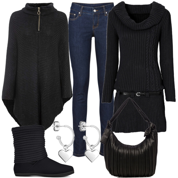 Outfit donna - A mio agio...per tutto il giorno. Stile Casual chic per Tutti i giorni. Abbinamento con jeans skinny, stivali, vestiti, cappotti, borse a mano, orecchini.