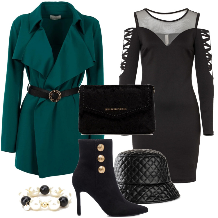 Outfit donna - Seducente. Stile Chic per Serata fuori. Abbinamento con cappelli con visiera, vestiti, blazer, borse a tracolla, braccialetti, stivaletti.