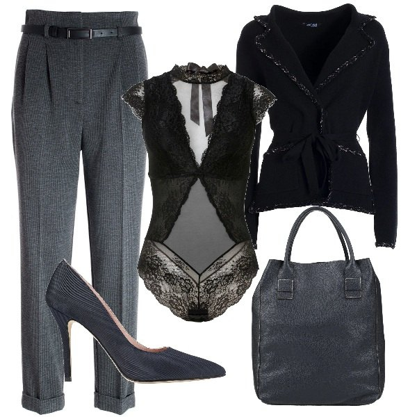 Outfit donna - Tra blu, grigio e nero. Stile Glamour per Ufficio. Abbinamento con body, borse a mano, décolleté, pantaloni, blazer.