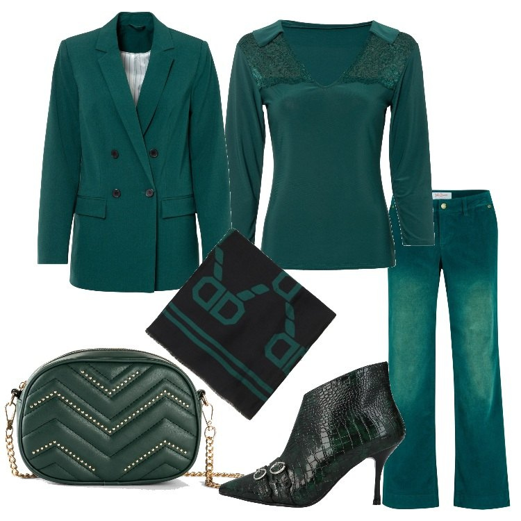 Outfit donna - Rassicurante verde. Stile Casual chic per Serata fuori. Abbinamento con pantaloni, maglieria, blazer, borse a tracolla, stivaletti, foulard.