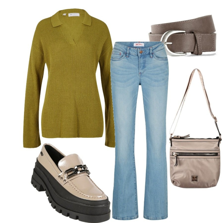 Outfit donna - Una passeggiata distensiva. Stile Casual per Tutti i giorni. Abbinamento con jeans bootcut, maglieria, cinture, mocassini, borse a tracolla.