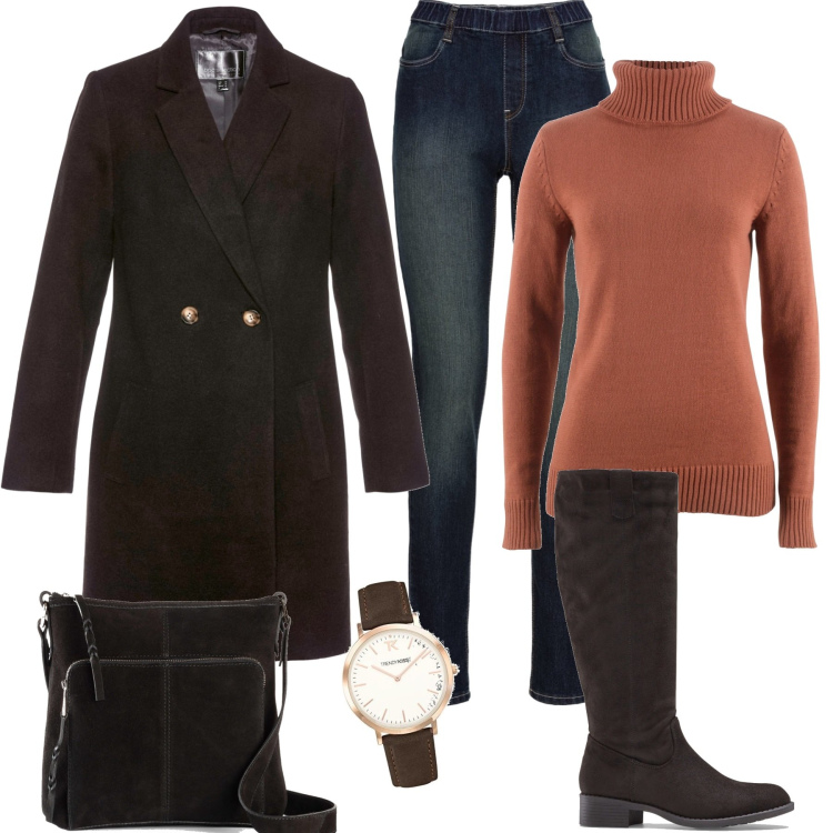 Outfit donna - Semplicemente con stile. Stile Casual chic per Tutti i giorni. Abbinamento con jeggings, stivali, cappotti, maglieria, borse a tracolla, orologi.