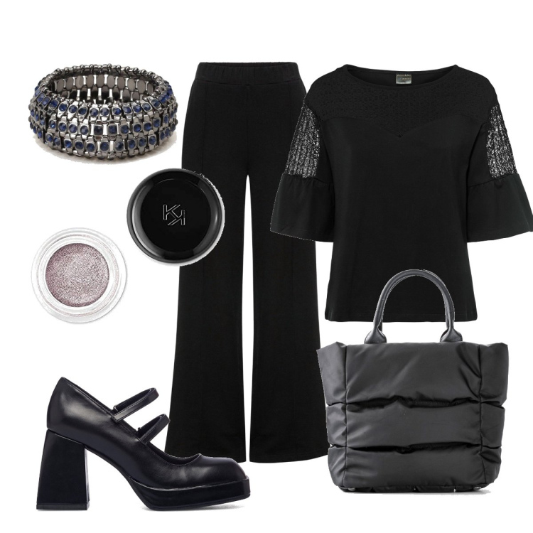 Outfit donna - Total black con tacco. Stile Casual chic per Tutti i giorni. Abbinamento con maglieria, pantaloni a palazzo, borse a mano, braccialetti, décolleté, ombretti.
