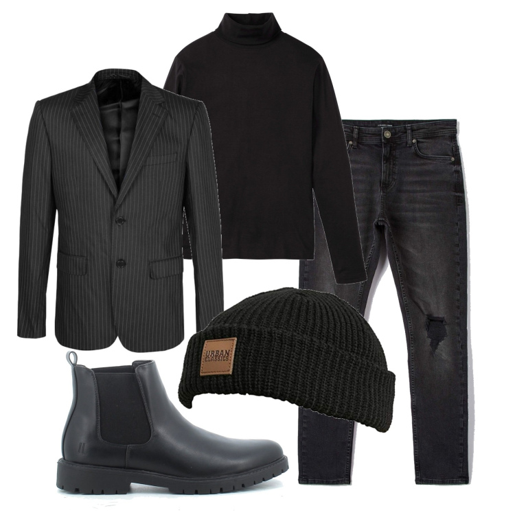 Outfit uomo - Gessato sugli strappi. Stile Urban per Tutti i giorni. Abbinamento con maglieria, jeans skinny, giacche, stivali e stivaletti, berretti.