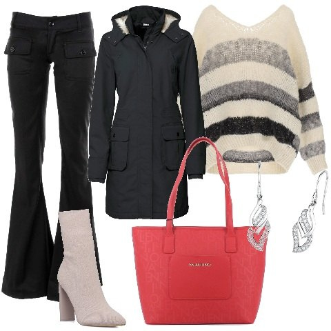 Outfit donna - Di che colore consiglio la borsa XXL?. Stile Casual chic per Ufficio. Abbinamento con parka, maglieria, pantaloni, shopping bag, stivaletti, orecchini.